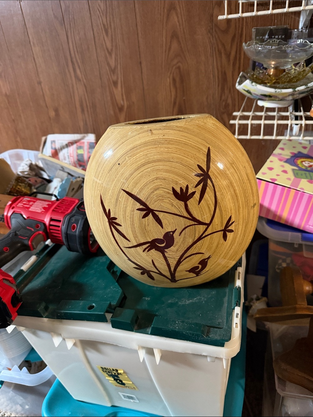 Vintage Handcrafted Round Bamboo Vase with Brown Bird Motif - Natural